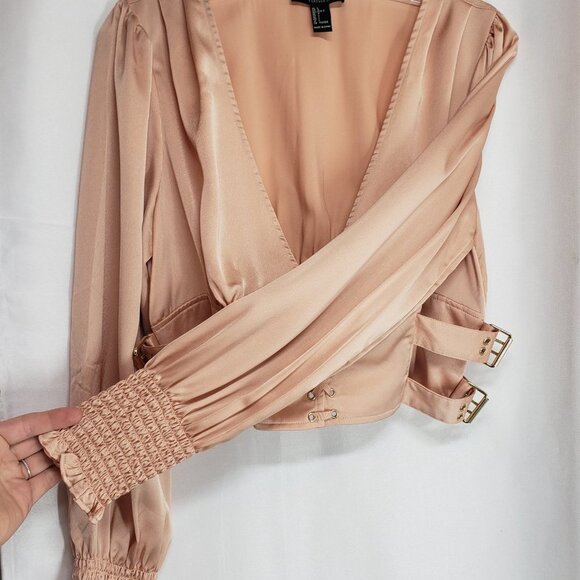 FOREVER 21 Satin Lace-Up Buckle Top L Blush Champagne Tan Nude Puff Sleeves - Picture 8 of 12